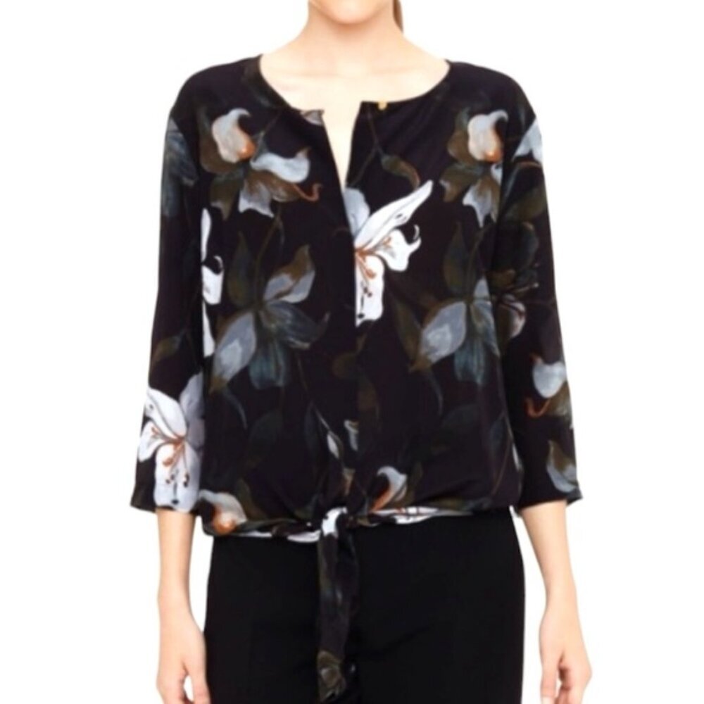 Club Monaco NEW Floral 100% Silk Tie Hem Blouse Flowy Top Loose Crew Minimal S